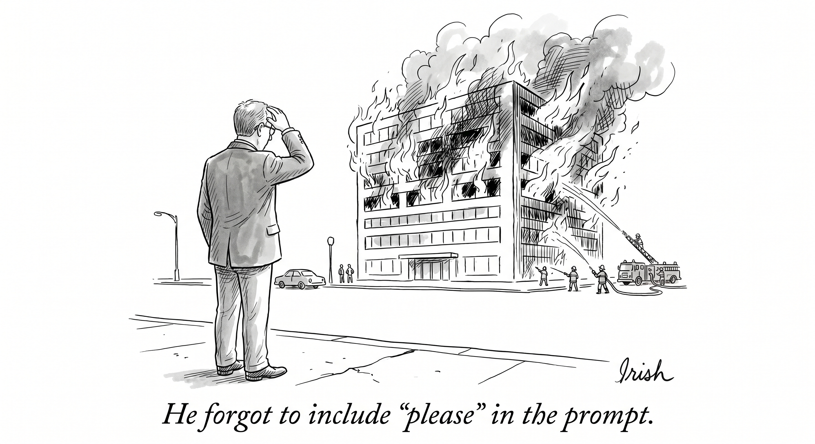 Cartoon of a man scratching his head while watching an office building engulfed in flames, firefighters arriving in the background. Caption reads: He forgot to include please in the prompt.