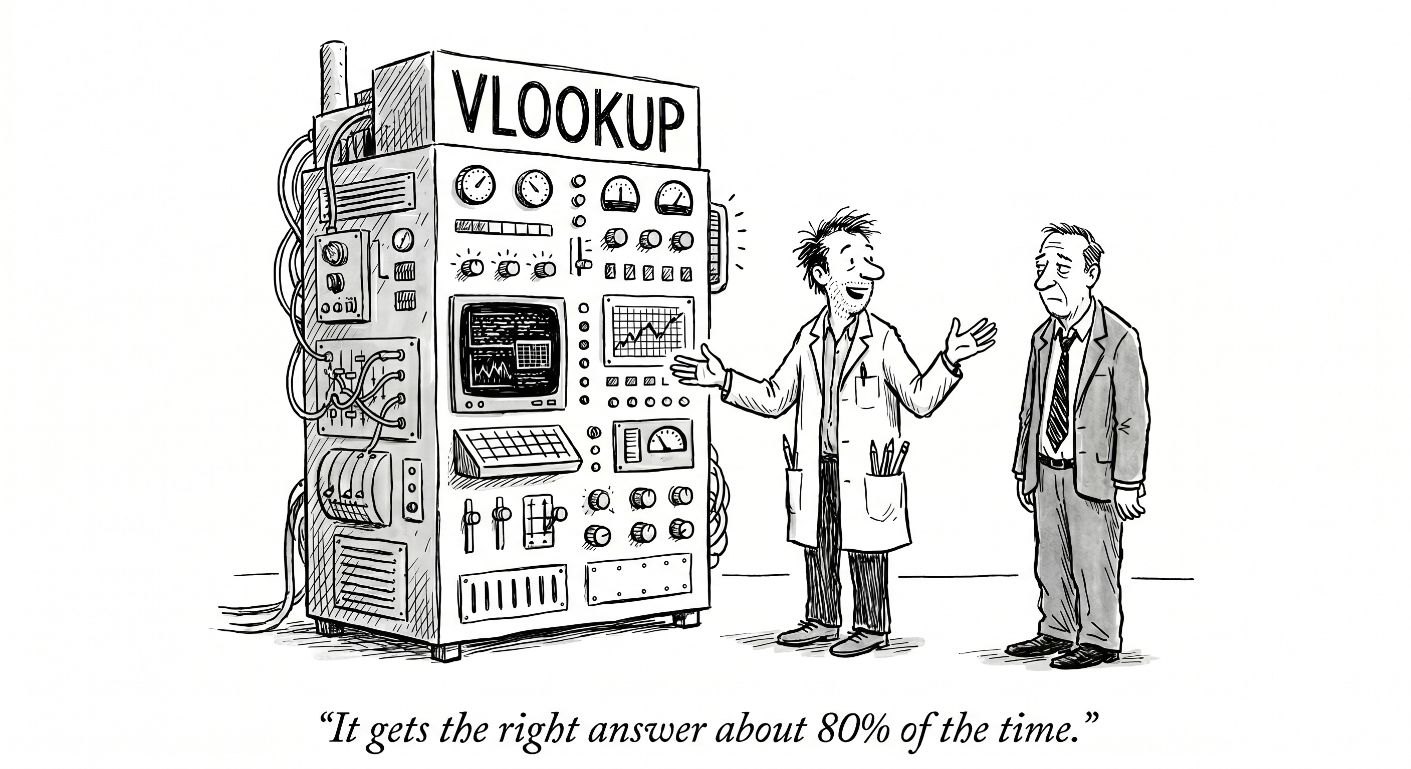 Cartoon of a scientist proudly presenting an enormous, overcomplicated VLOOKUP machine covered in knobs, dials, and tangled cables to a skeptical executive. Caption reads: It gets the right answer about 80% of the time.